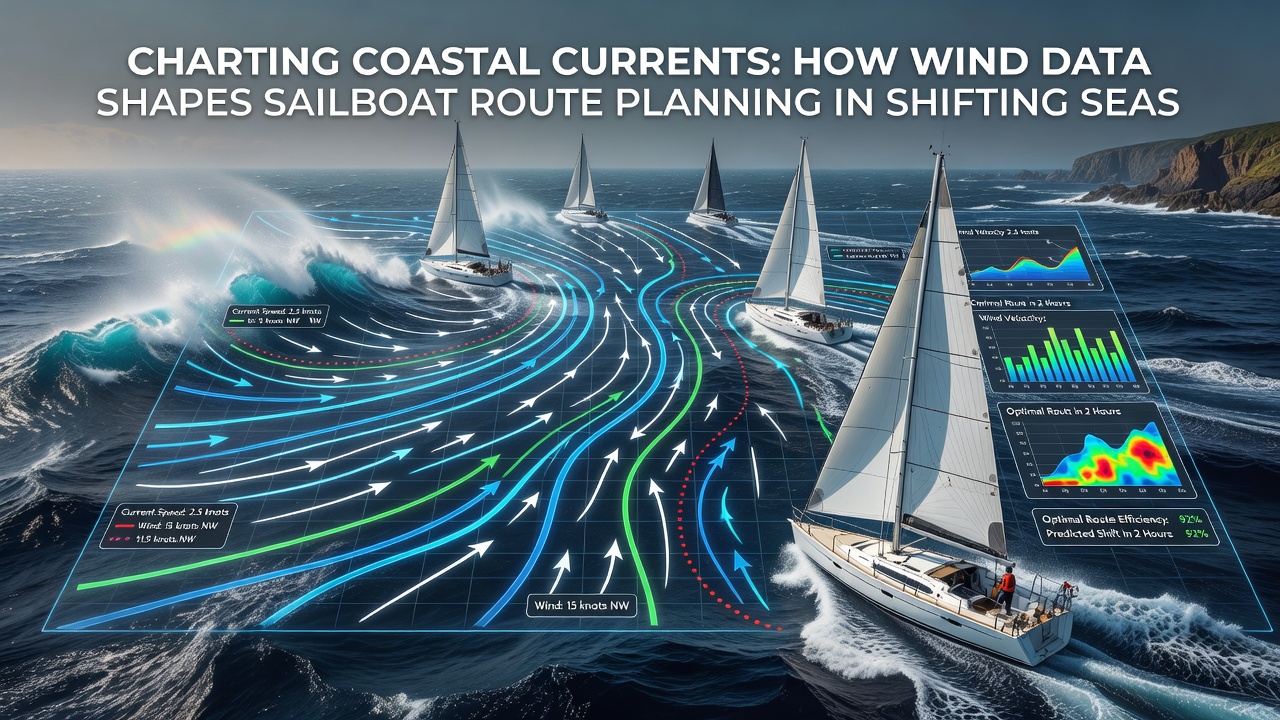 Navigation screen displaying integrated wind and current layers for coastal sailboat routing