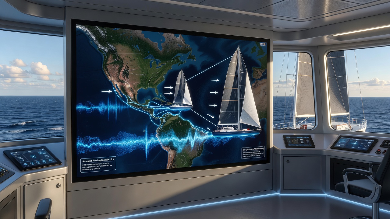 Acoustic sensor array and sail-assisted cargo ship route overlay on oceanographic chart